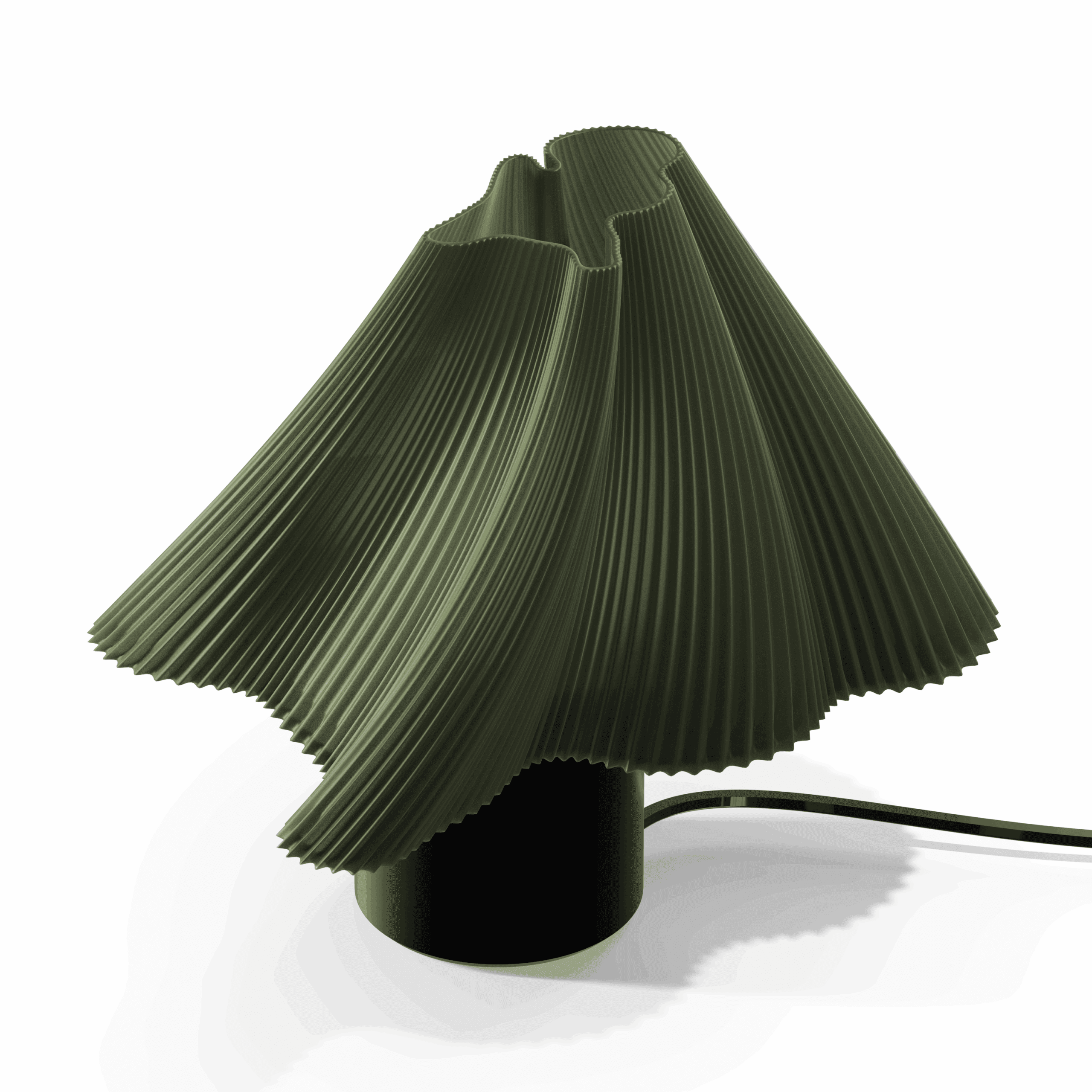 Groene tafellamp met 3D-geprinte kap op een houten vensterbank, verspreidt warm licht en creëert een gezellige sfeer.