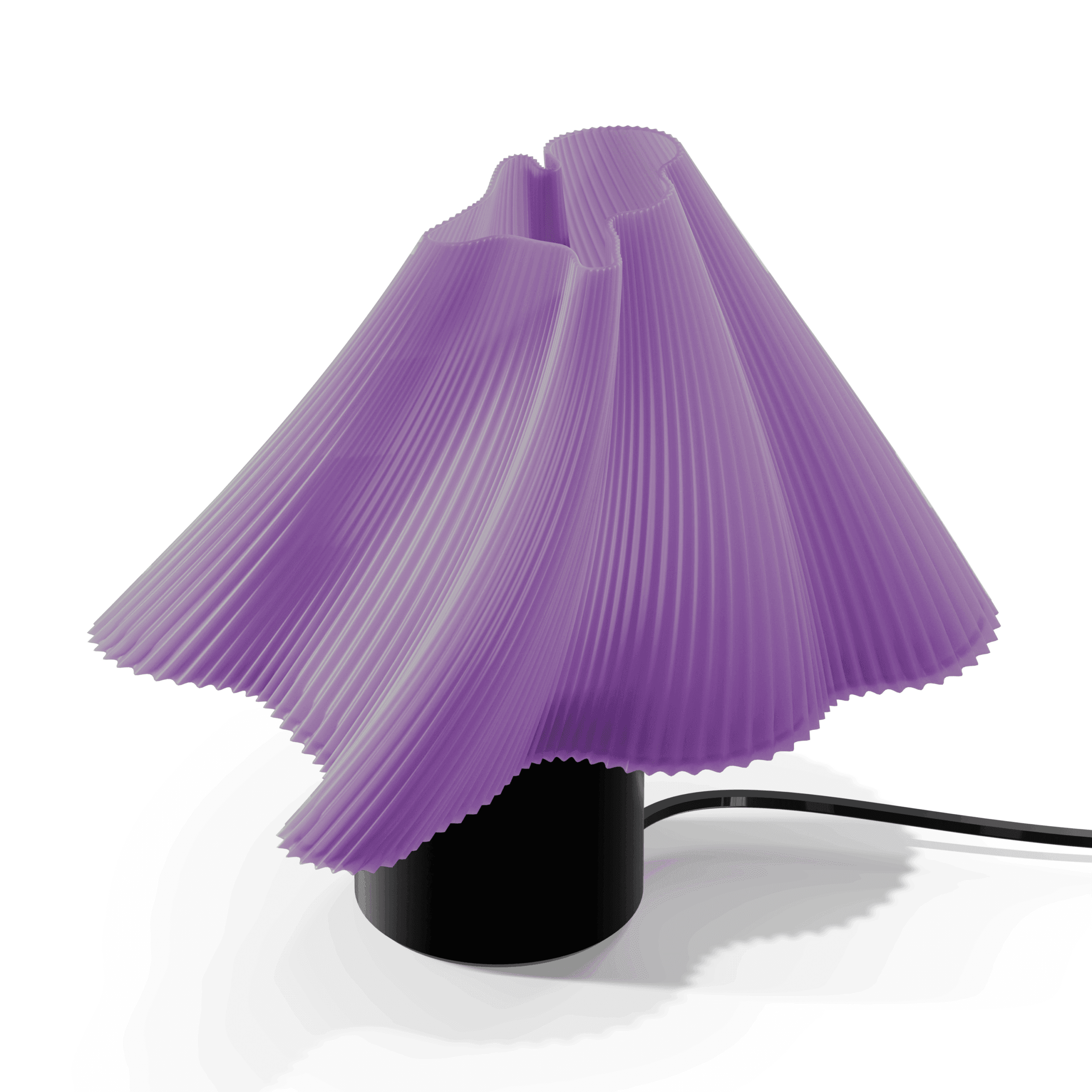 Paarse tafellamp met 3D-geprinte kap met de LED-lamp aan